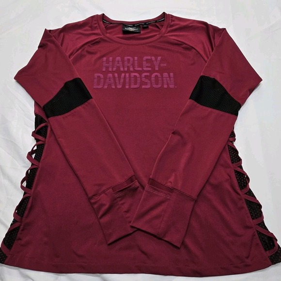 Harley Davidson Womens Performance/Activewear Long Sleeve XL Top Maroon Black - Picture 3 of 16